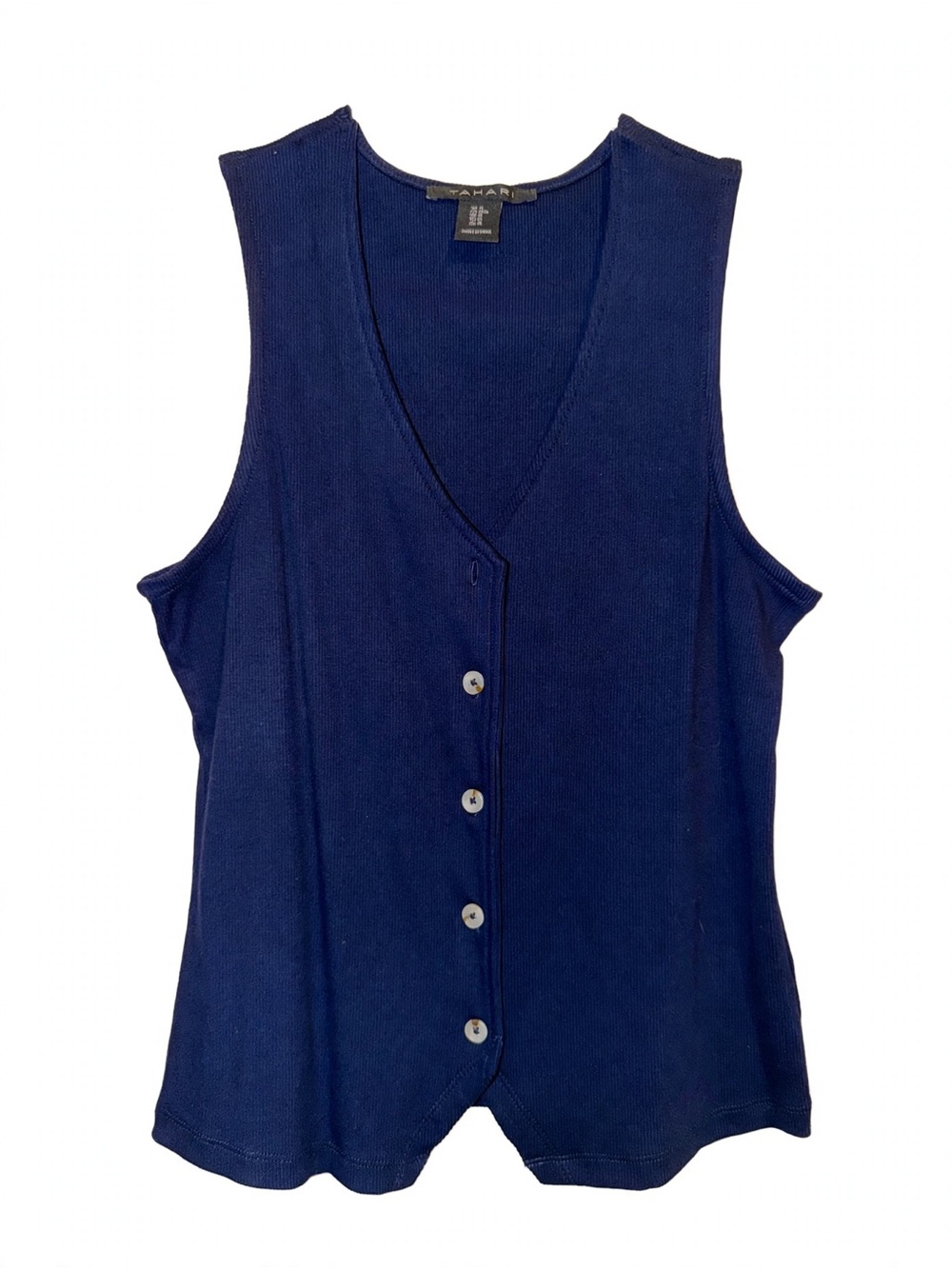 Tahari Navy Button-Front Sleeveless V-Neck Tank